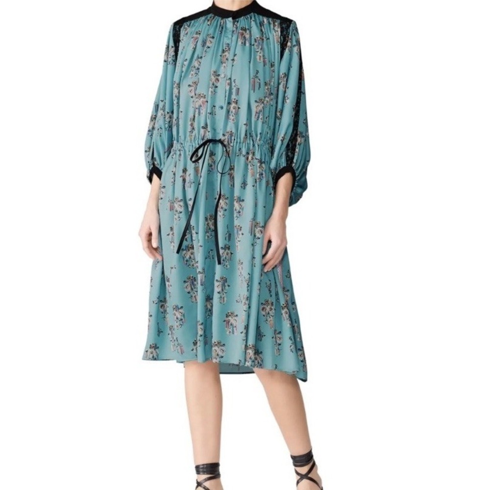 KOCHÉ Button Dress Silky Floral Steel Blue Fleur Coulure Size‎ M
